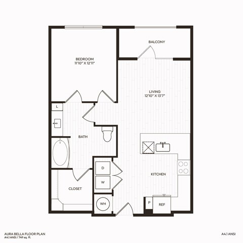 Floor plan for 1 bed, 1 bath, 749 sqft